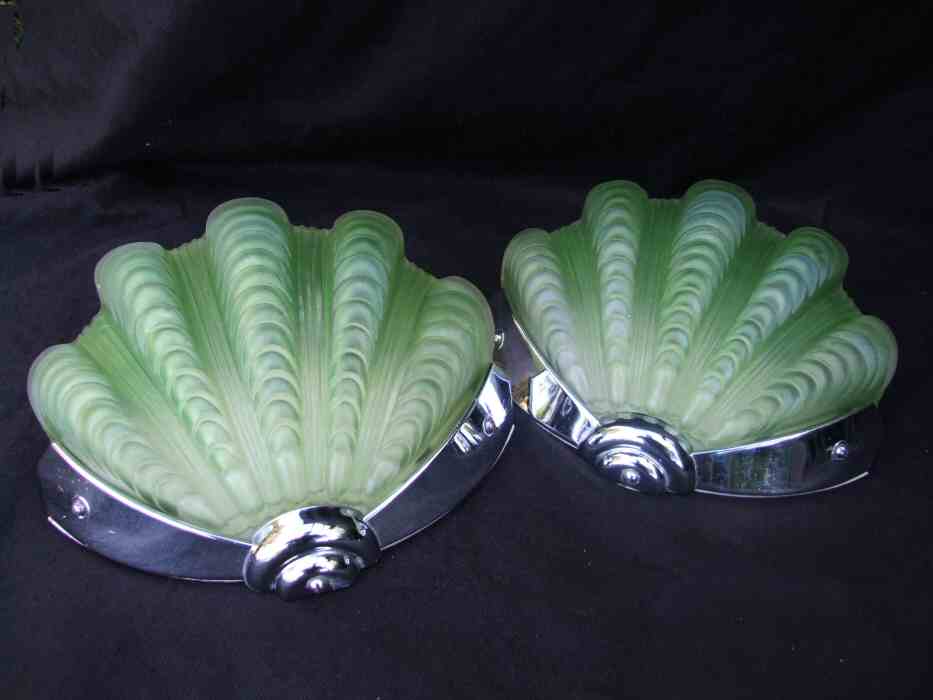 Pair of Soft Green Art Deco Shell Wall Lights 