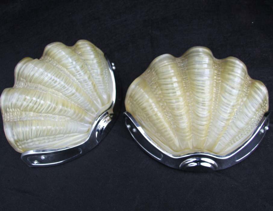 Pair of Soft Lemon Art Deco Shell Wall Lights 