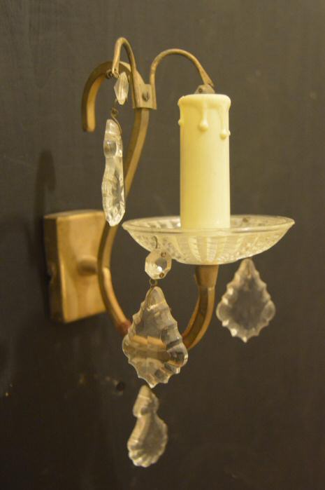 Circa 1960 pretty pair of brass and crystal wall lights 