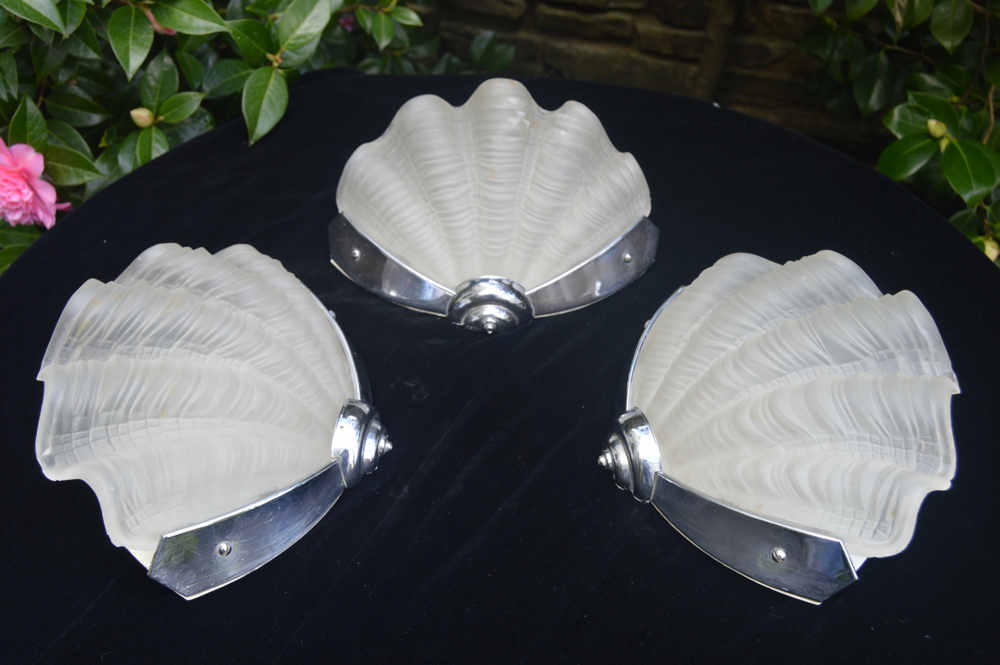 Set of 3 Opaque Art Deco Shell Wall Lights 