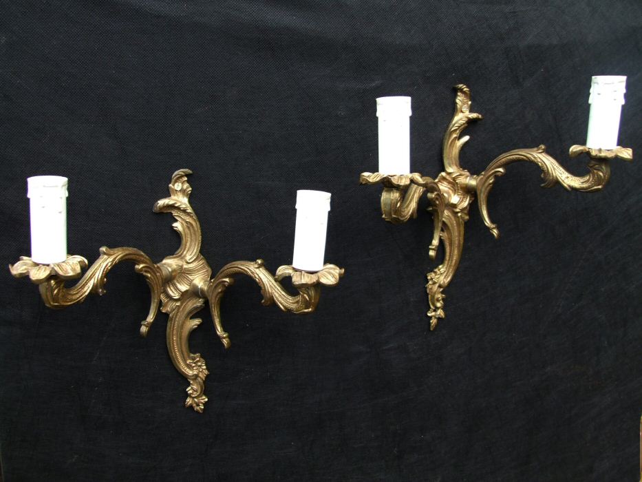 Pair of Mid 20th Century Double Arm Louis Style Roccoco Brass Wall Lights