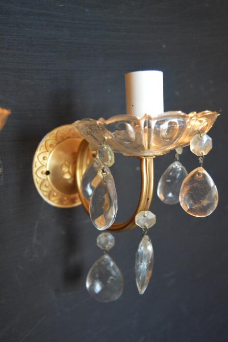 irca 1930 pretty pair of brass and crystal wall lights 