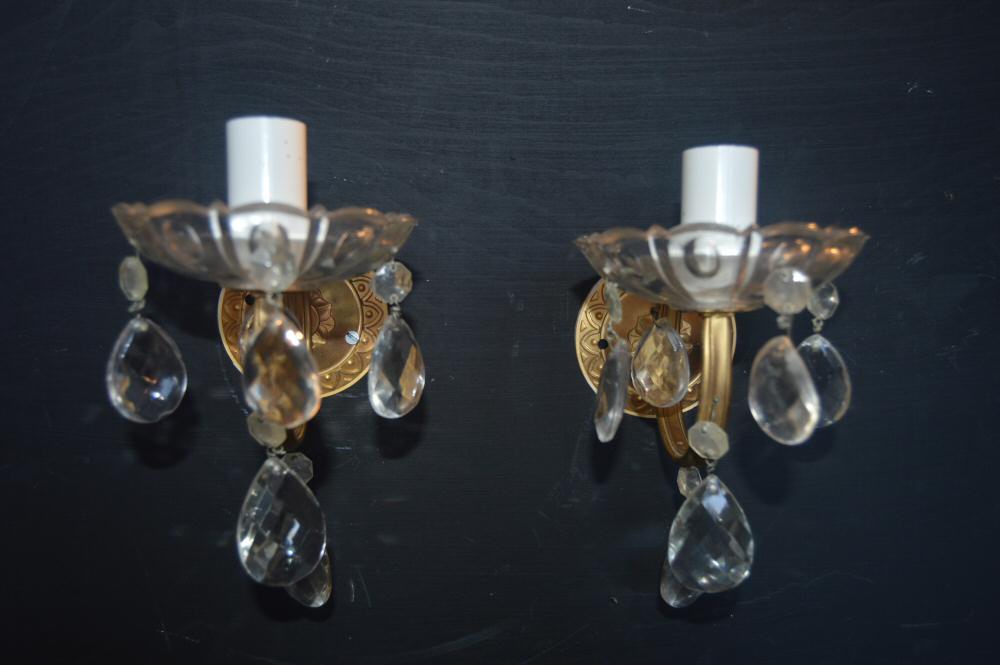 irca 1930 pretty pair of brass and crystal wall lights 