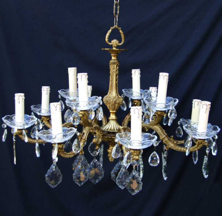 Circa 1930 Large Brass and Crystal 12 Bulb Chandelier