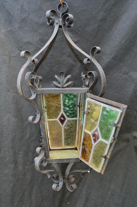 Late Victorian Wrought Iron Stained Glass Lantern