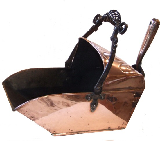 Edwardian copper coal bin and shovel