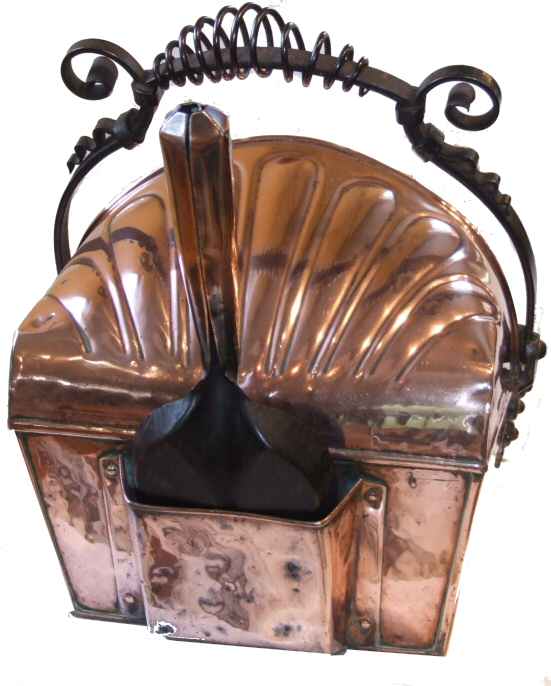 Edwardian copper coal bin and shovel