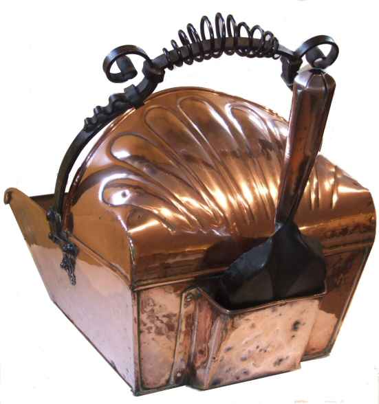 Edwardian copper coal bin and shovel