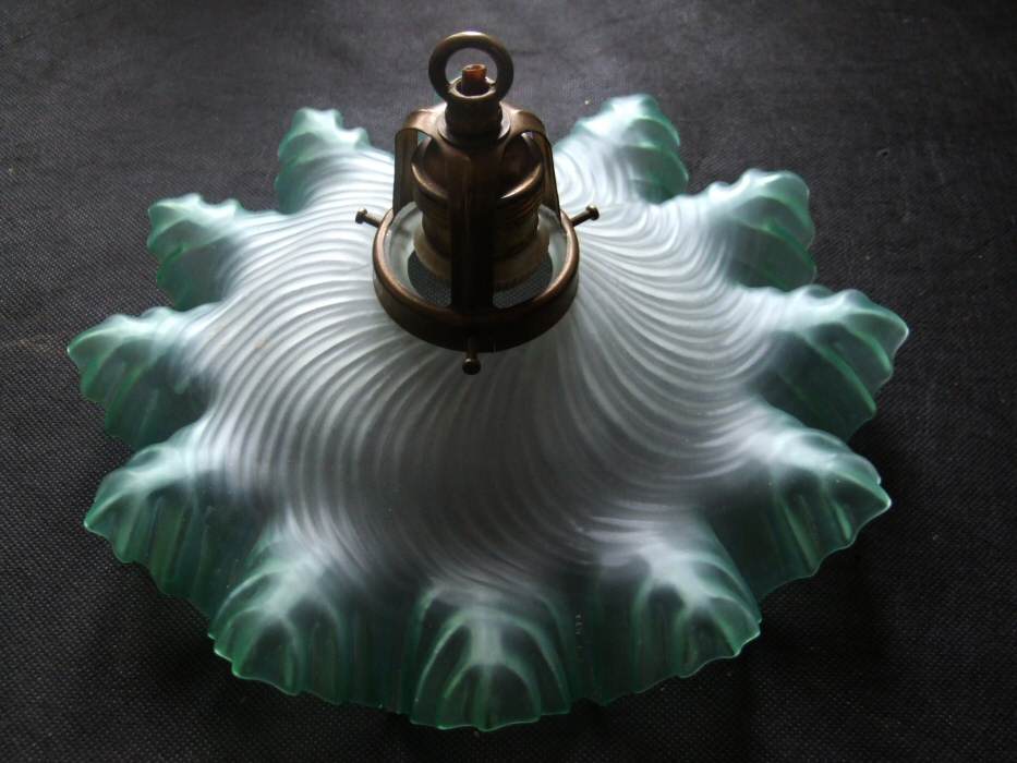 Stunning Edwardian Opaque Petal Ceiling Light edged in Emerald Greeen