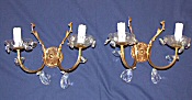 pair of antique double brass and glass wall lights