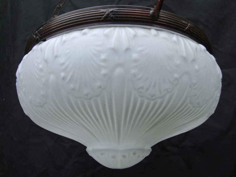 Edwardian Fluted White Glass and Copper Ceiling Light 