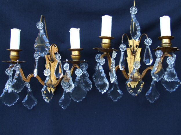 Circa 1900 French Double Armed Brass and Glass Wall Lights