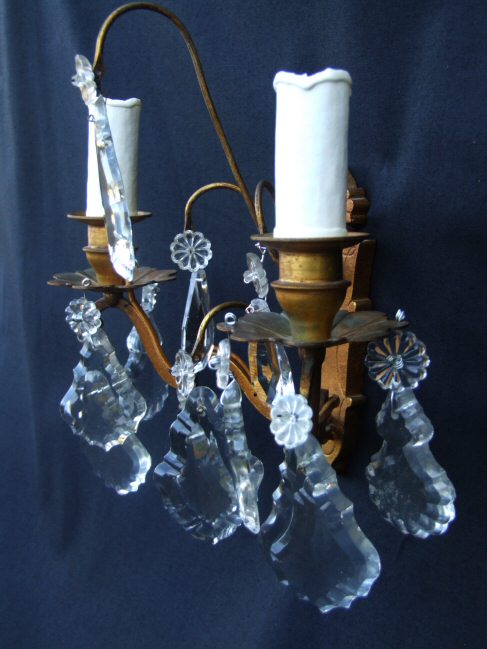 Circa 1900 French Double Armed Brass and Glass Wall Lights