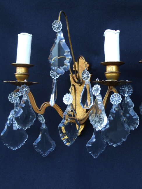 Circa 1900 French Double Armed Brass and Glass Wall Lights