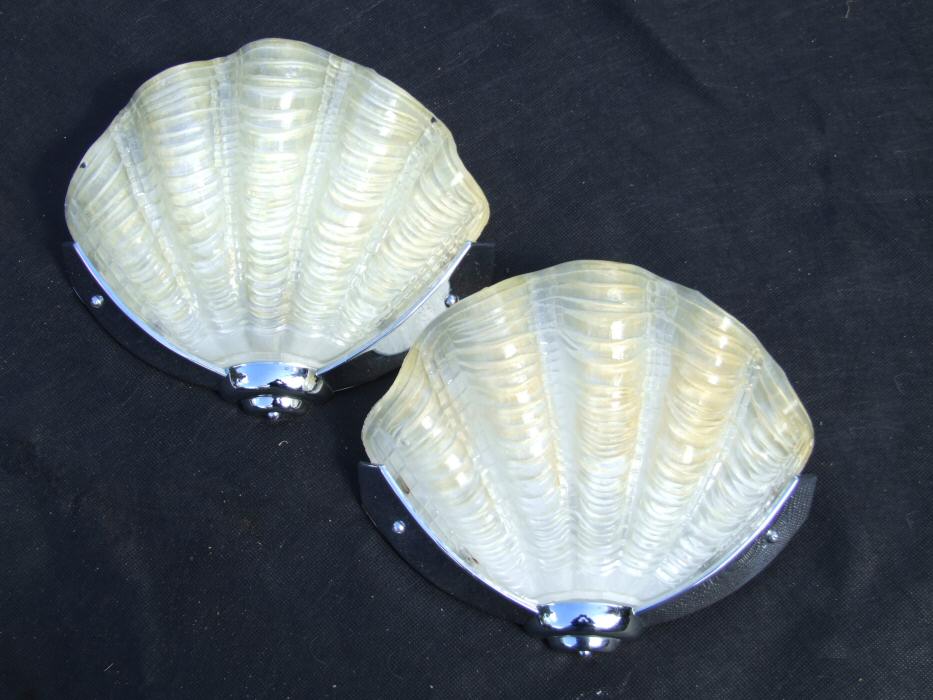 Pair of Soft Lemon Art Deco Shell Wall Lights 