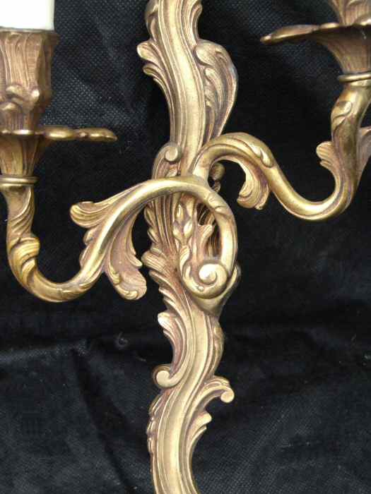 Pair of Mid 20th Century Double Arm Roccoco Style Cast Brass Wall Lights 