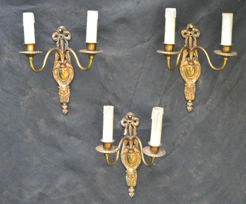 A Set of 3 Double Arm Cast Brass Wall Lights 