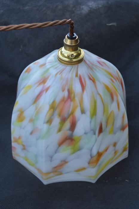 Art Deco mottled white, tangerine, yellow and green ceiling light