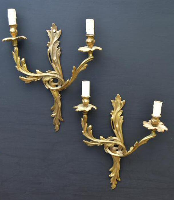 Pair of Large Double Arm Roccoco Style Cast Brass Wall Lights