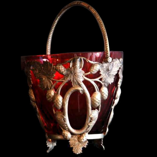 Cranberry bowl with silver plated holder