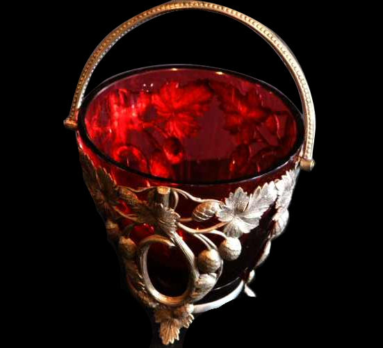 Cranberry bowl with silver plated holder