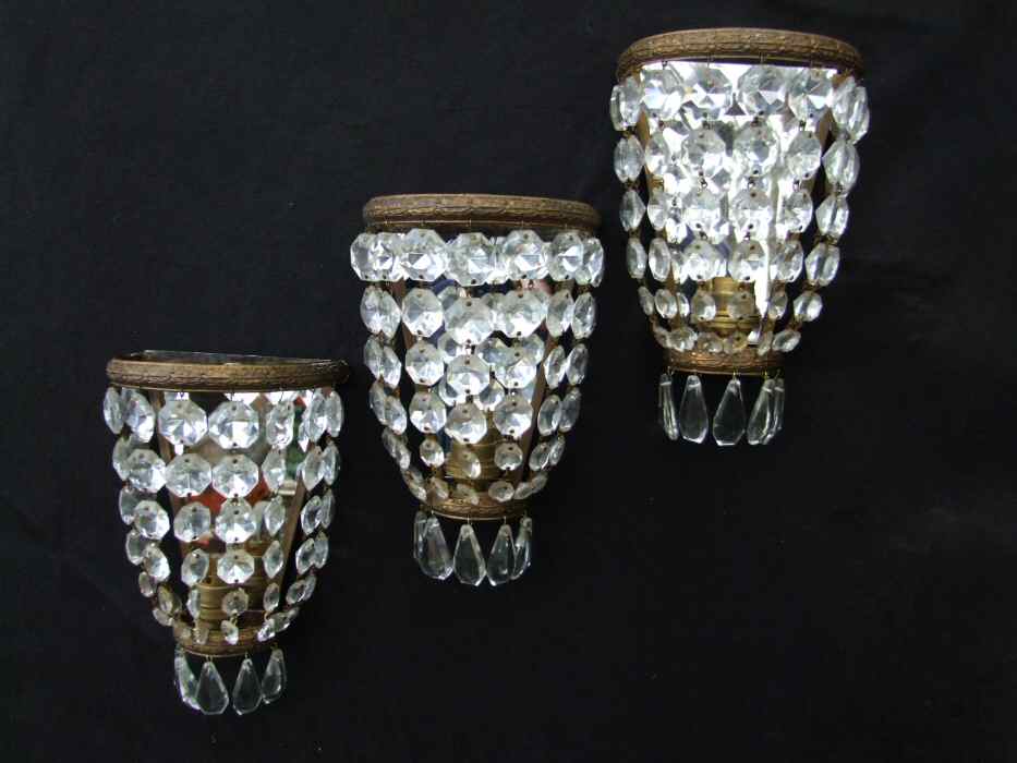 Set of 3 Edwardian Crystal Purse Wall Lights