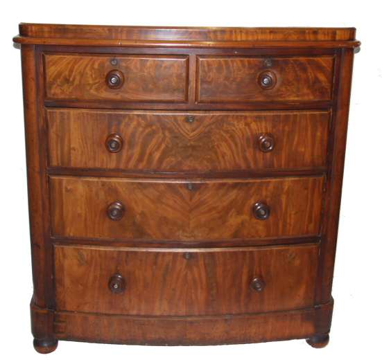 Victorian mahogany bow front chest of drawers at harbour Antiques in