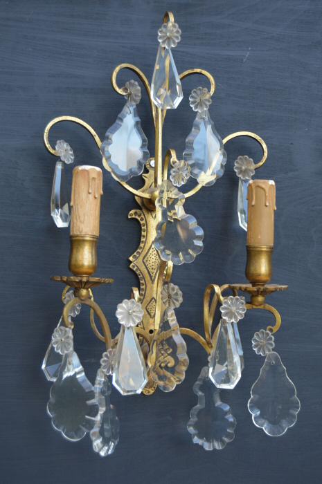 Set of 4 Large Double Arm Cast Brass Wall Lights with glass drops 