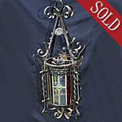 Late Victorian Cylindrical Wrought Iron Stained Glass Lantern