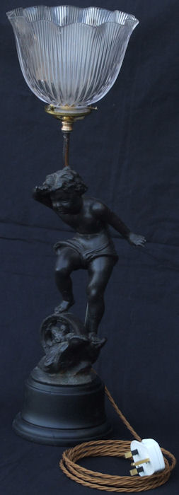 Signed Victorian Spelter Cherub Lamp